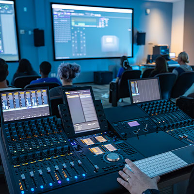 View from the op board in Full Sail's Dolby Atmos studio